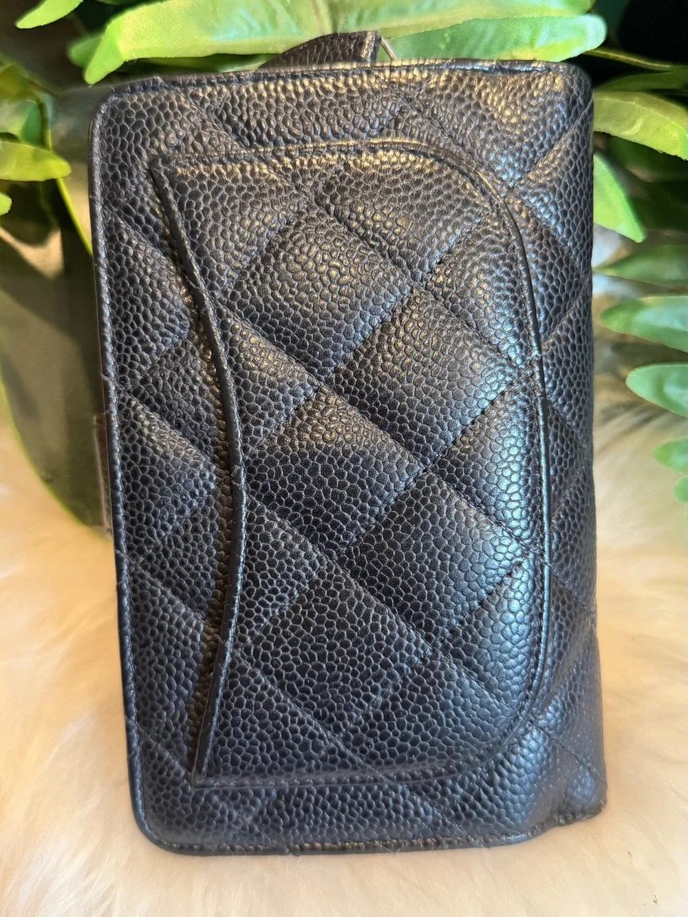 CHANEL Black Quilted Caviar Leather Card Case with Gold CC Snap